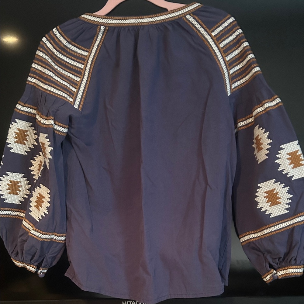 Bohemian Embroidered Women's Top - Navy and Cream with snap closure and two ties - Picture 10 of 10